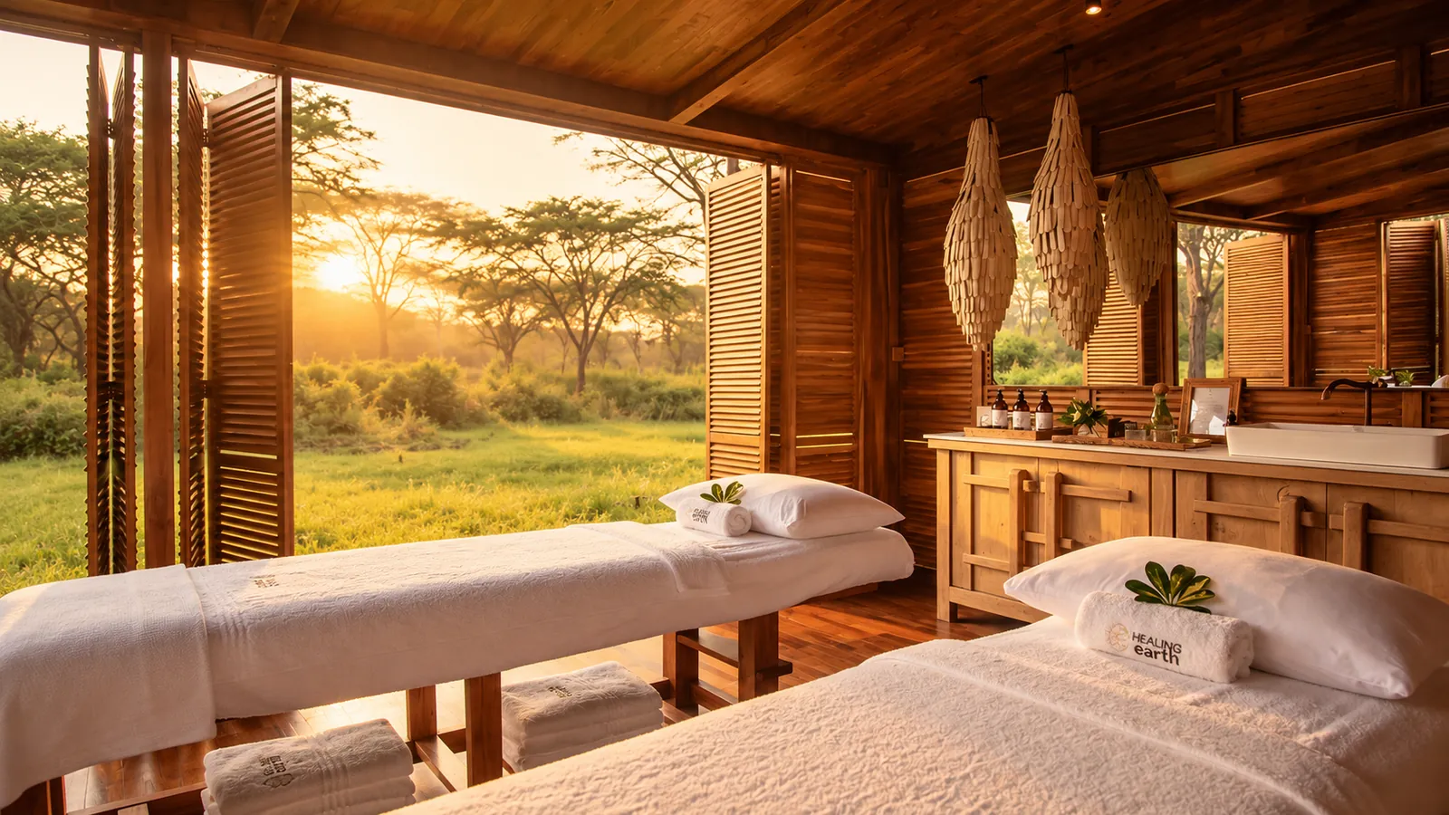 Spa treatment room at Siringit opening onto the bush in golden light